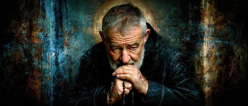 Elderly Saint in Prayer with Rosary AI Generative