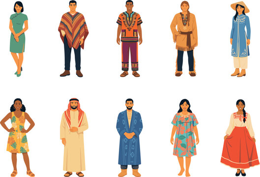 PrintDiverse Multicultural People Character Set Wearing Traditional National Costumes and Ethnic Outfits for International Events Global Inclusion and Cultural Education Vector Illustrations