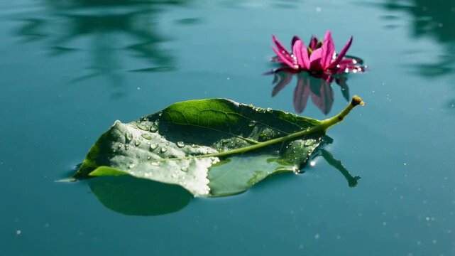 Green leaf with water droplets floating on turquoise water. Pink lotus flower in the background. Natural spa and wellness concept