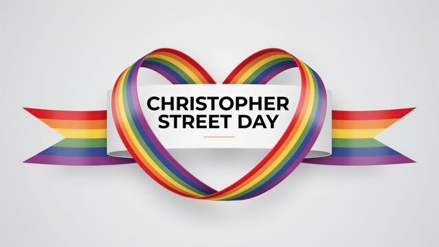 Christopher Street Day rainbow heart ribbon banner isolated on a light gray background.