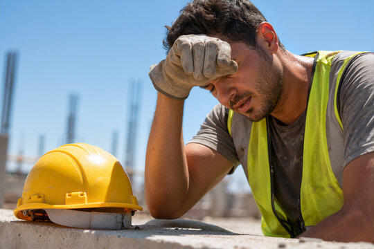 Exhausted construction worker wiping sweat from his forehead on a building site. Tired male builder suffering from heat fatigue and overwork on a hot summer day. Occupational stress concept