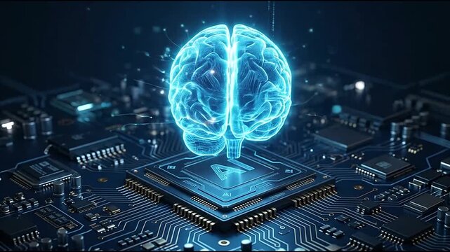 Futuristic neural network brain on electronic computer chip