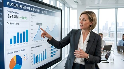 Fototapeta premium Businesswoman Presenting Financial Data on a Large Screen in a Modern Office