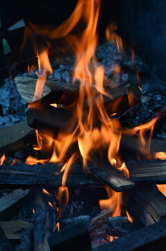 Warm fire burning in a traditional fireplace, glowing flames and natural wooden logs creating a cozy rustic atmosphere, warm home interior, peaceful winter evening