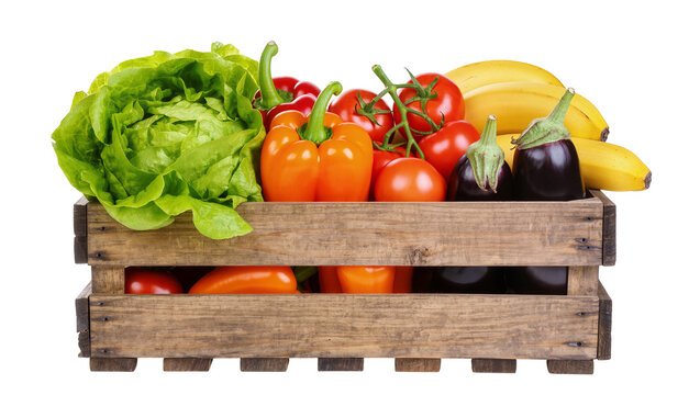 Wooden crate filled with fresh vegetables and fruits