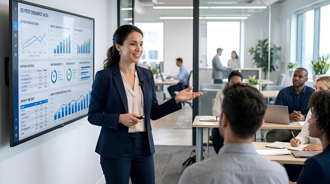 Businesswoman presenting financial data on screen to colleagues in modern office meeting