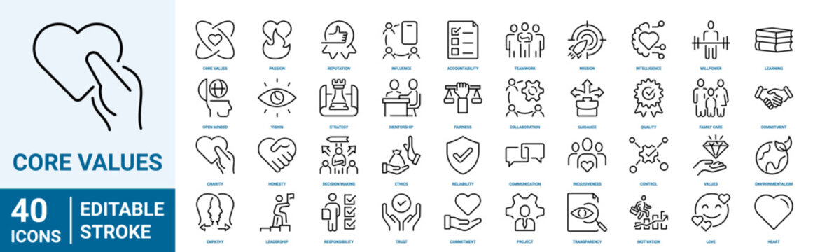 Set of 40 outline icons related to Core values. Linear icon collection. Editable stroke. Vector illustration