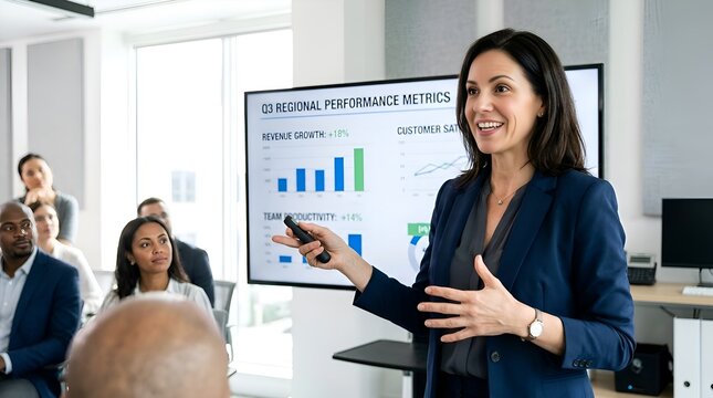 Businesswoman Presenting Growth Metrics on Screen to Diverse Audience