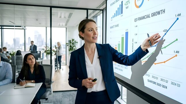 Businesswoman presenting financial growth strategy on a presentation screen in office
