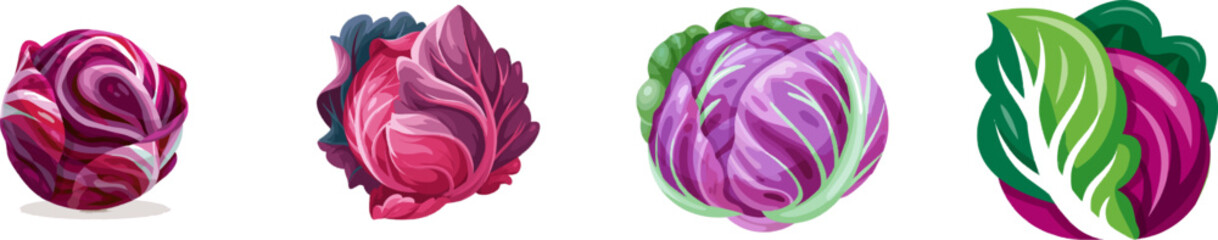 Obraz premium A vibrant, geometrically stylized head of purple-red cabbage features bold colors and clean lines against a pristine white backdrop