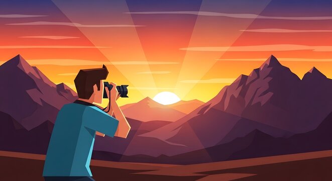 Cartoon illustrator photographer taking pictures of a mountain landscape at sunset with photographer photography landscape mountain adventure outdoors