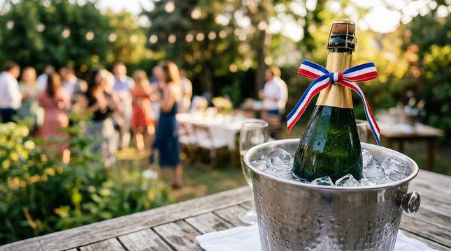 Chilled bottle of sparkling wine adorned with a patriotic ribbon, ready for a vibrant Bastille Day celebration amidst a joyful outdoor garden party and lively social gathering