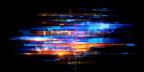 Abstract digital data stream, representing a futuristic concept of technology and information flow. Glitch effect and neon light create a dynamic and vibrant visual. © AeroVista