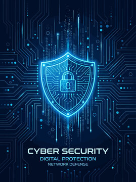 A shield protects digital circuits with a lock in a futuristic cyber security network defense environment.