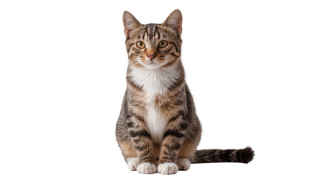 Tabby cat sitting with white chest fur and yellow eyes