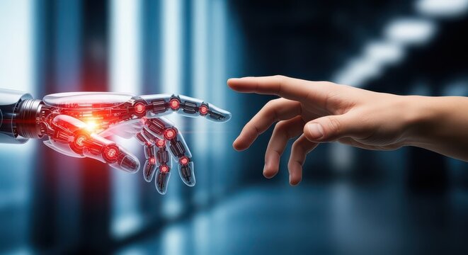 Human hand and robotic arm reaching towards each other