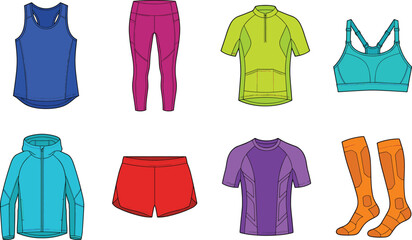 Naklejka premium Colorful sportswear vector collection featuring athletic clothing, activewear apparel, gym garments, and fitness accessories