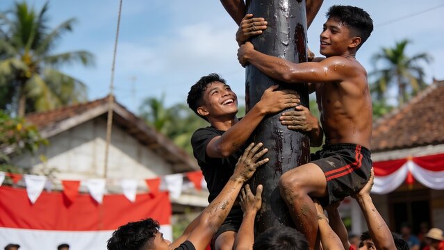 Traditional Panjat Pinang Competition During Indonesia Independence Day
