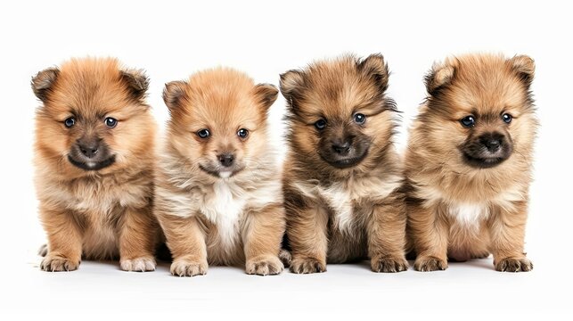 Cute Fluffy Puppy Group Sitting Together Isolated on White Background &ndash; Adorable Small Dog Portrait
