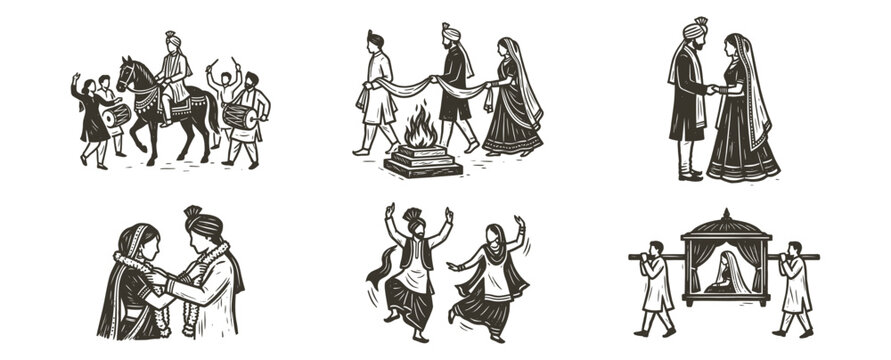 Indian Wedding Rituals Hand-Drawn Illustration Set
