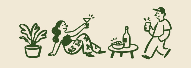 Couple Drinking Cocktails Doodle Vector Illustration © Victoria