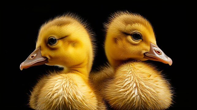 Cute Yellow Goslings Close Up on Black Background &ndash; Adorable Baby Geese Portrait with Copy Space