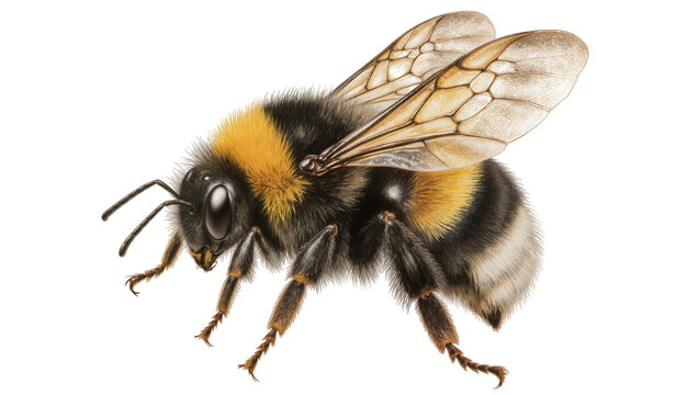 Detailed bumblebee with black yellow, and white stripes and wings