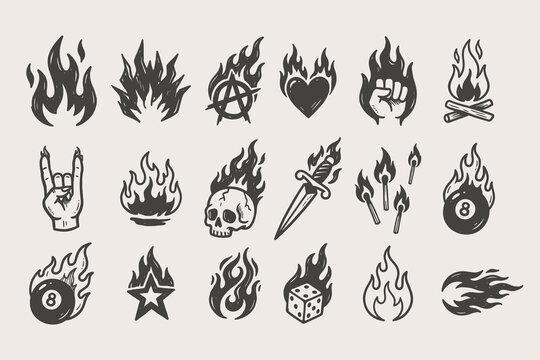 Vintage Hand-Drawn Flame Tattoo Flash Elements