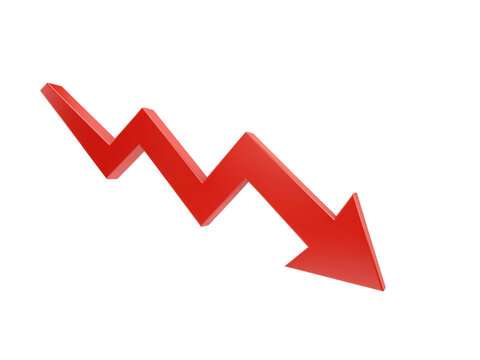 Red downward zigzag arrow icon showing decline or decrease isolated on transparent background