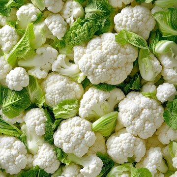 Fresh Raw Cauliflower Florets and Organic Green Leaves Background for Healthy Nutrition Concepts