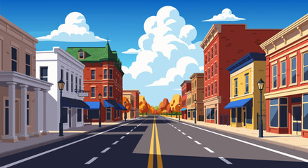 Obraz premium Small Town Streetscape Vector Illustration Design Featuring Colorful Historic Buildings and Sunny Sky for Urban Concept Projects 41