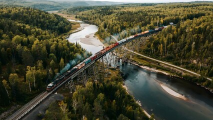 Fototapeta premium Aerial view of a colorful freight train crossing a lush green river valley with dense forest and rolling hills