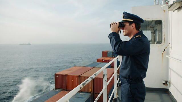 Male navy officer in uniform scanning sea with binoculars on ship deck