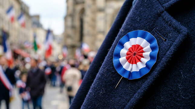 A proud tricolor cockade on a coat lapel, emblematic of national spirit during a Bastille Day celebration in a bustling French town square