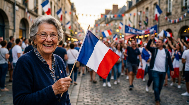 Delightful elderly woman, full of national pride, joyfully waves the French flag amidst a festive street parade, celebrating Bastille Day with an enthusiastic crowd
