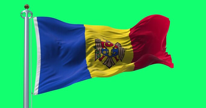 Moldova national flag waving isolated on green background. Seamless 3D render animation. Chroma key. Slow motion loop. Green screen. 4K. Selective focus