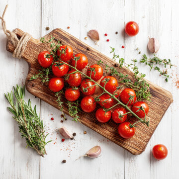 Fresh Cherry Tomatoes with Herbs and Spices on Rustic Wooden Board .AI Generative