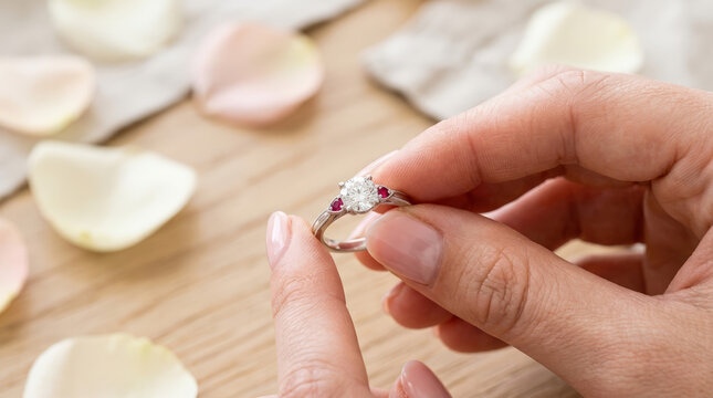 Woman holding a diamond and ruby engagement ring. Romantic proposal concept with scattered rose petals on a wooden table