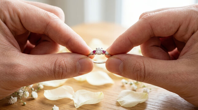 Man holding a diamond and ruby engagement ring. Romantic proposal setting with rose petals and baby's breath