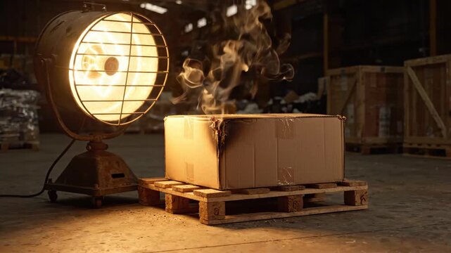Burning cardboard box producing smoke on wooden pallet near industrial heater inside warehouse with warm light dark background environment
