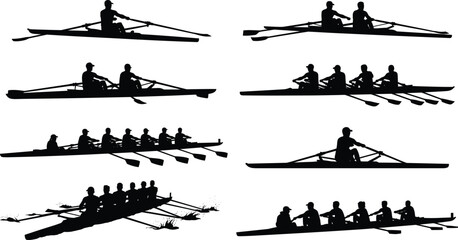 Black silhouettes of rowing crew athletes in boats racing and training on white background © MstLata