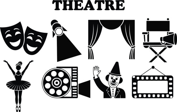 Theatrical performance icons with comedy tragedy masks and stage lighting set.