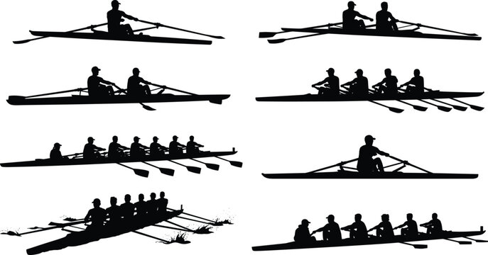 Black silhouettes of rowing crew athletes in boats racing and training on white background