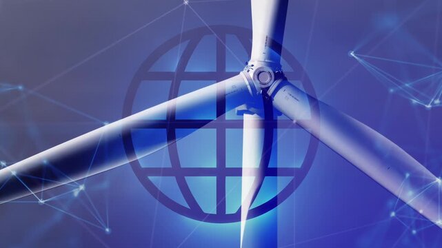 Wind Energy and Earth-Focused Energy Animation  Blue Background. Renewable Power Generation Visualizing Wind Turbines, Electricity Production, Sustainable Sustainability Goals, and Climate Action Moti