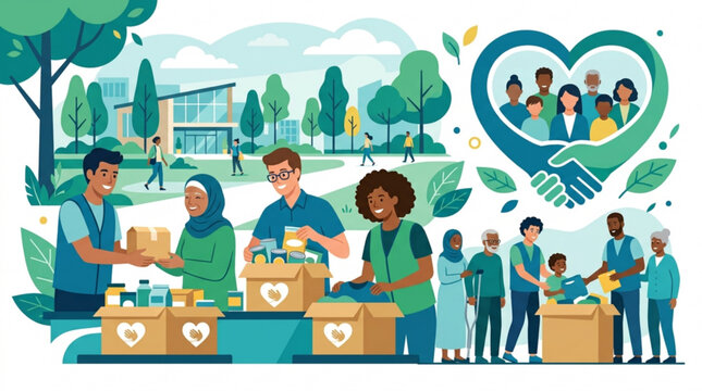 Diverse community coming together to donate food and supplies to those in need
