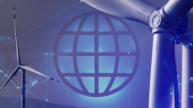 Wind Energy and Earth-Focused Energy Animation  Blue Background. Renewable Power Generation Visualizing Wind Turbines, Electricity Production, Sustainable Sustainability Goals, and Climate Action Moti