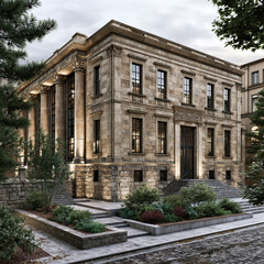 Naklejka premium Historic Neoclassical City Building with Vintage Cars AI Generative
