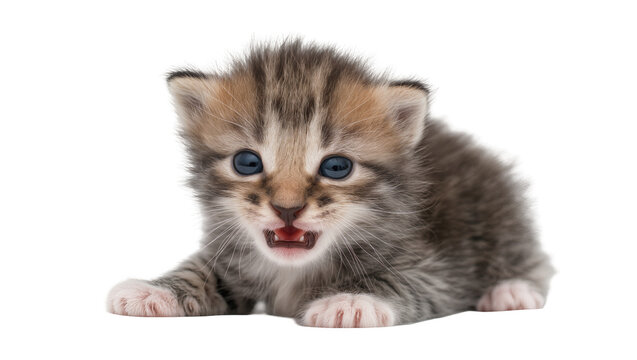 Tiny tabby kitten with blue eyes meowing