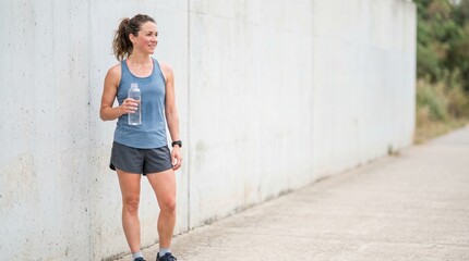 Fototapeta premium Young woman smiling while holding water bottle against wall outdoors 