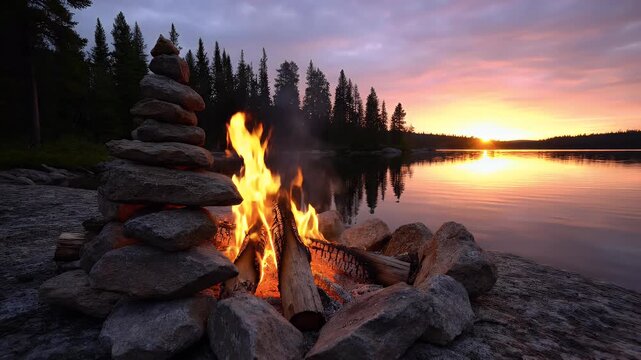 Campfire on rocky shore against a sunset over a calm lake